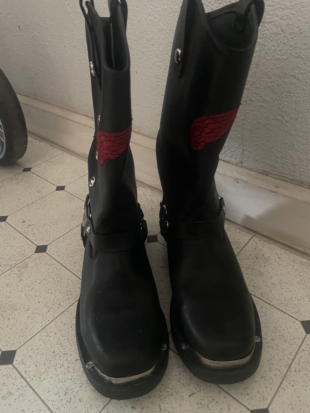 Red Wing Shoes Black Leather Biker Boots with Red Wing Patch